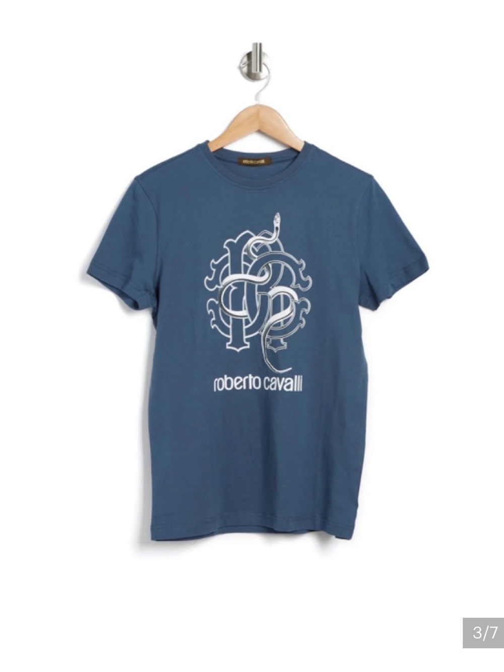 Roberto Cavalli FST970 Men's L Blue Graphic Snake Logo Crew Neck Cotton Tee